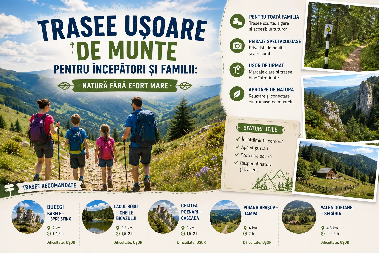 Trasee ușoare de munte pentru începători și familii: natură fără efort mare
