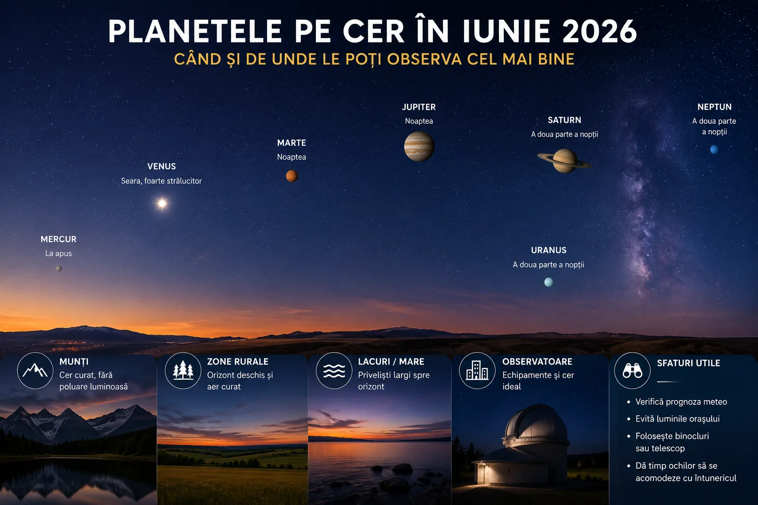 Ce planete se văd pe cer în iunie 2026 și de unde le poți observa cel mai bine