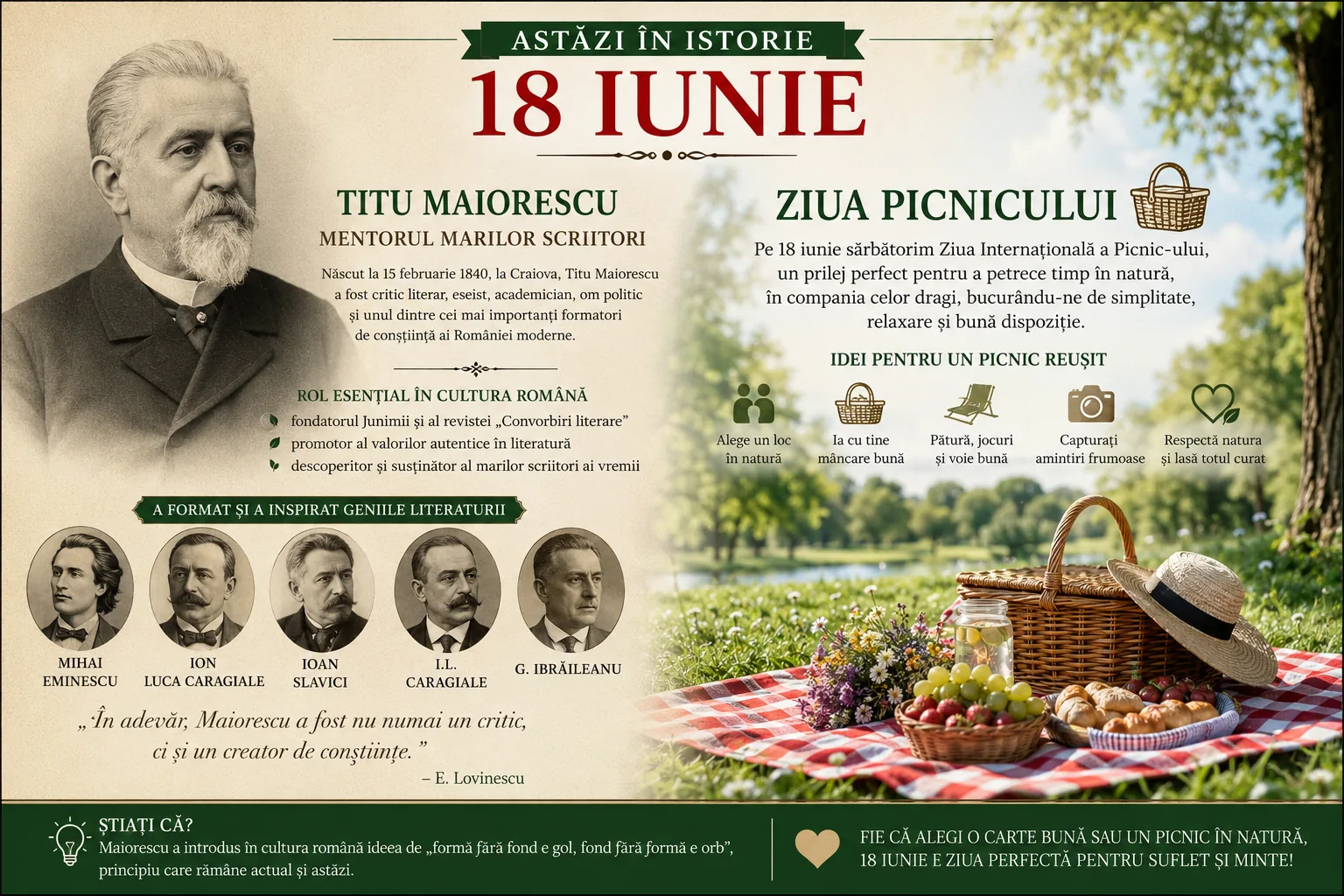Astăzi în istorie: 18 iunie — Maiorescu, mentorul marilor scriitori, și ziua picnicului