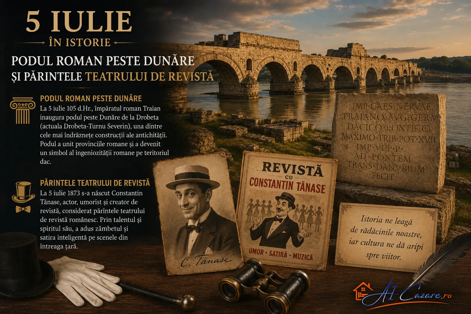 5 iulie în istorie: podul roman peste Dunăre și părintele teatrului de revistă