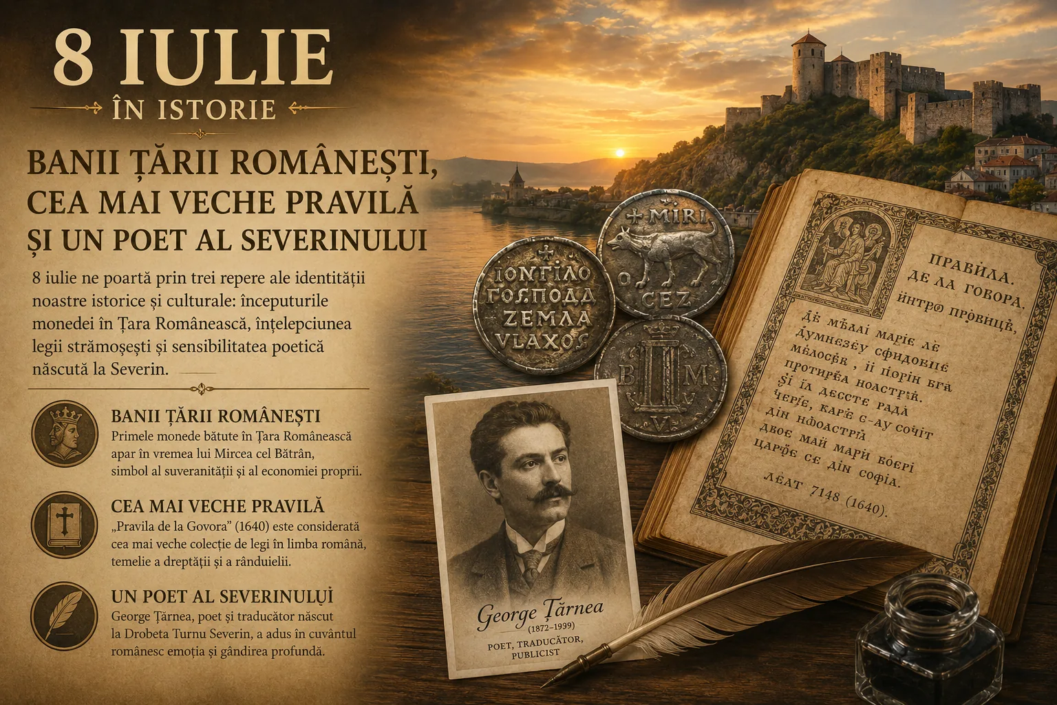 8 iulie în istorie: banii Țării Românești, cea mai veche pravilă și un poet al Severinului