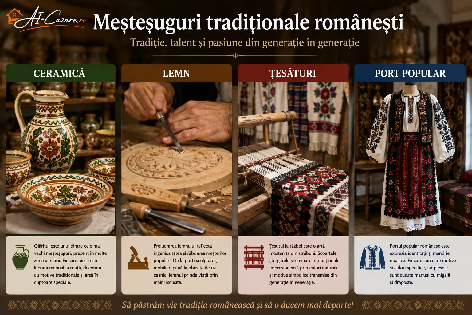 Meșteșuguri tradiționale românești: ceramică, lemn, țesături și port popular