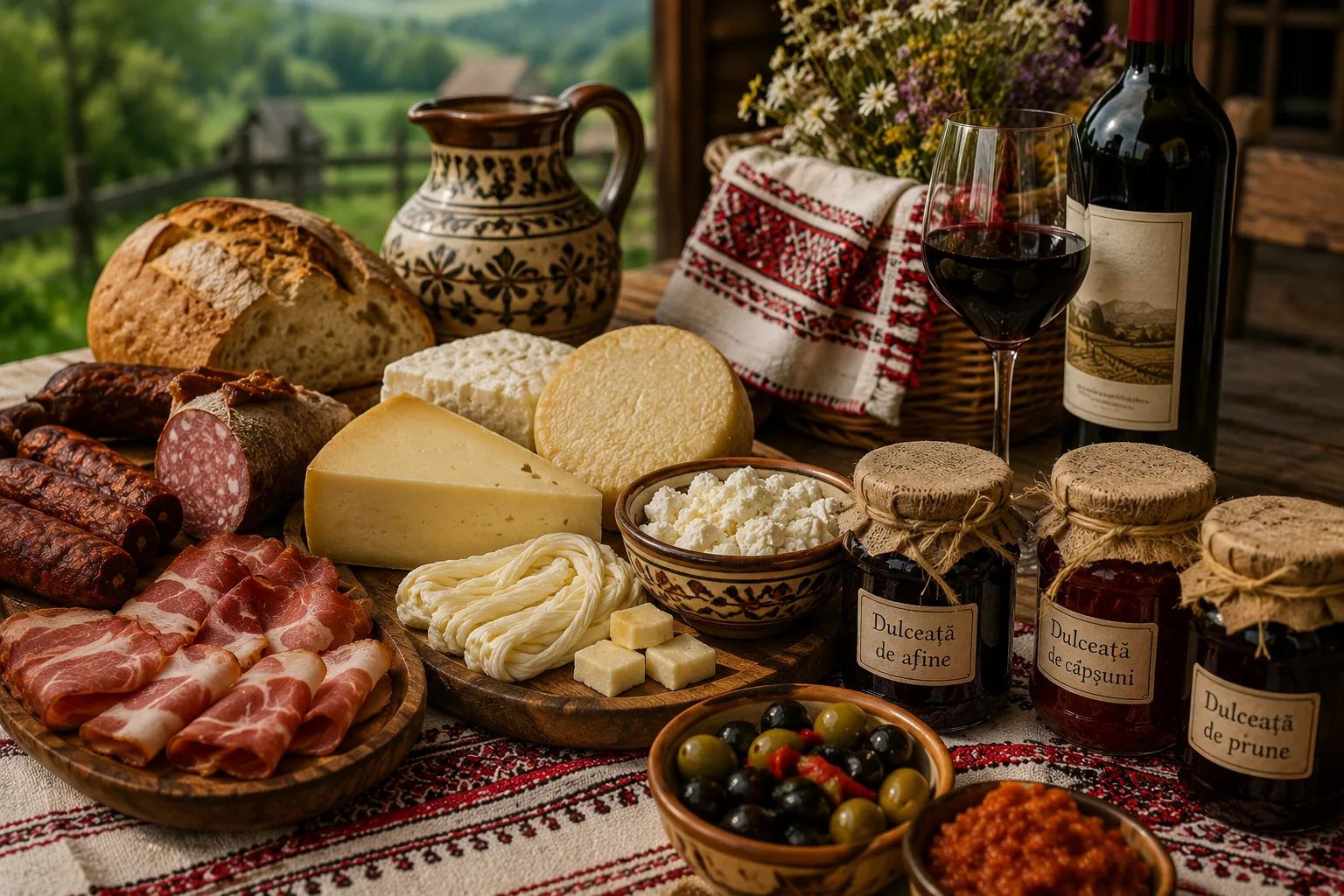 Produse tradiționale românești: brânzeturi, mezeluri, vinuri și dulcețuri